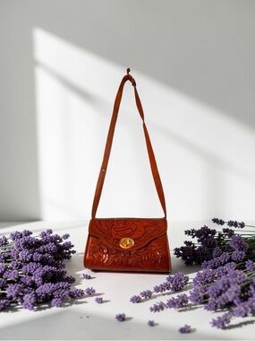 Vintage Cross body Bag Made In Mexico Brown Leather Horse Hair Rose Purse